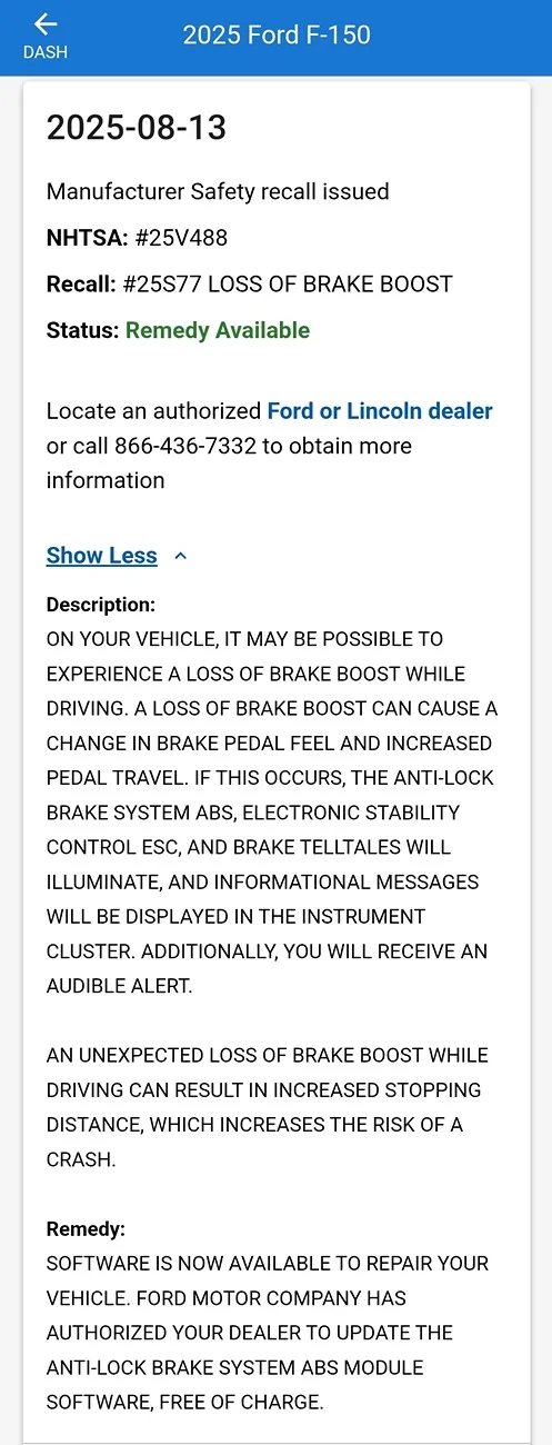 Ford F-150 Loss of Brake Boost - another recall 1000018718