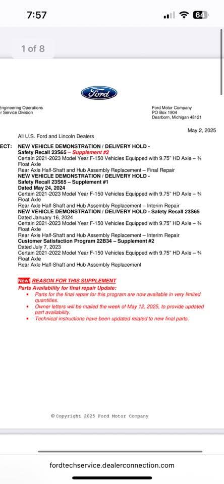 Ford F-150 2021 F150 Axel Bolt Recall 23V896 1000023028