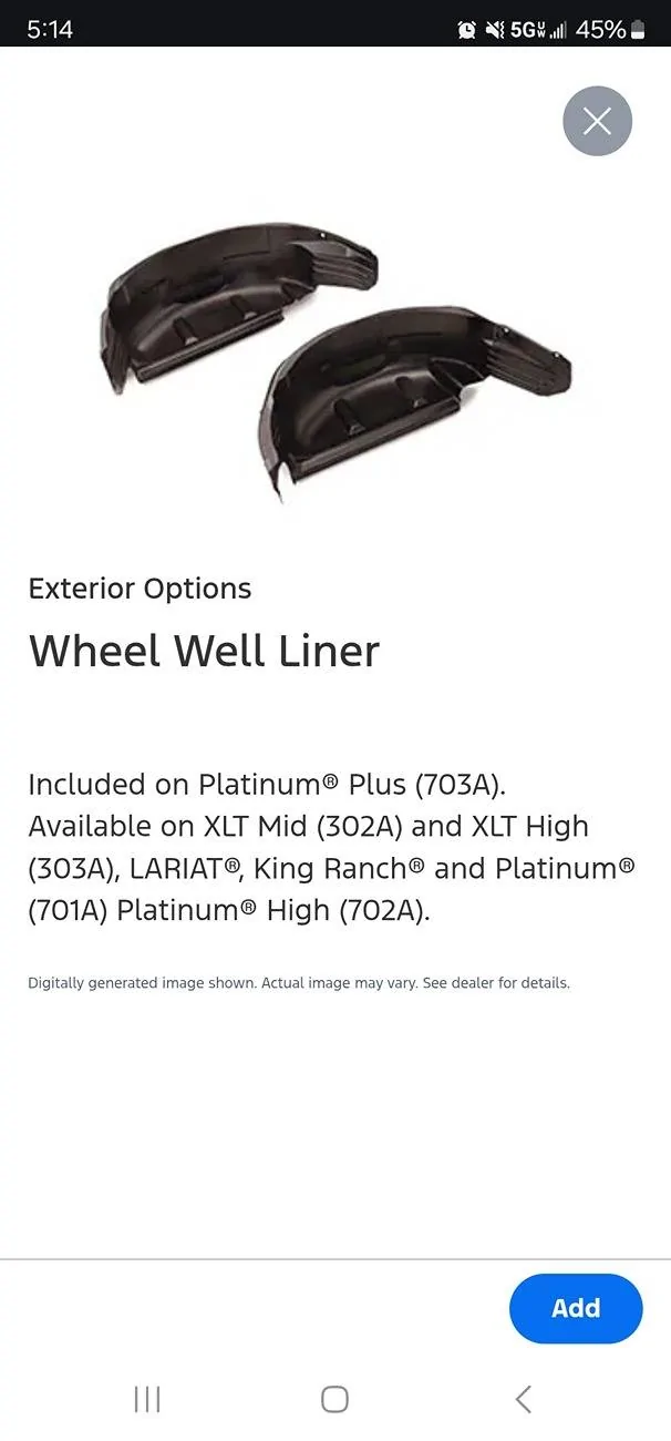 Ford F-150 Why is Wheel Well Liner no longer an option? 1000035216