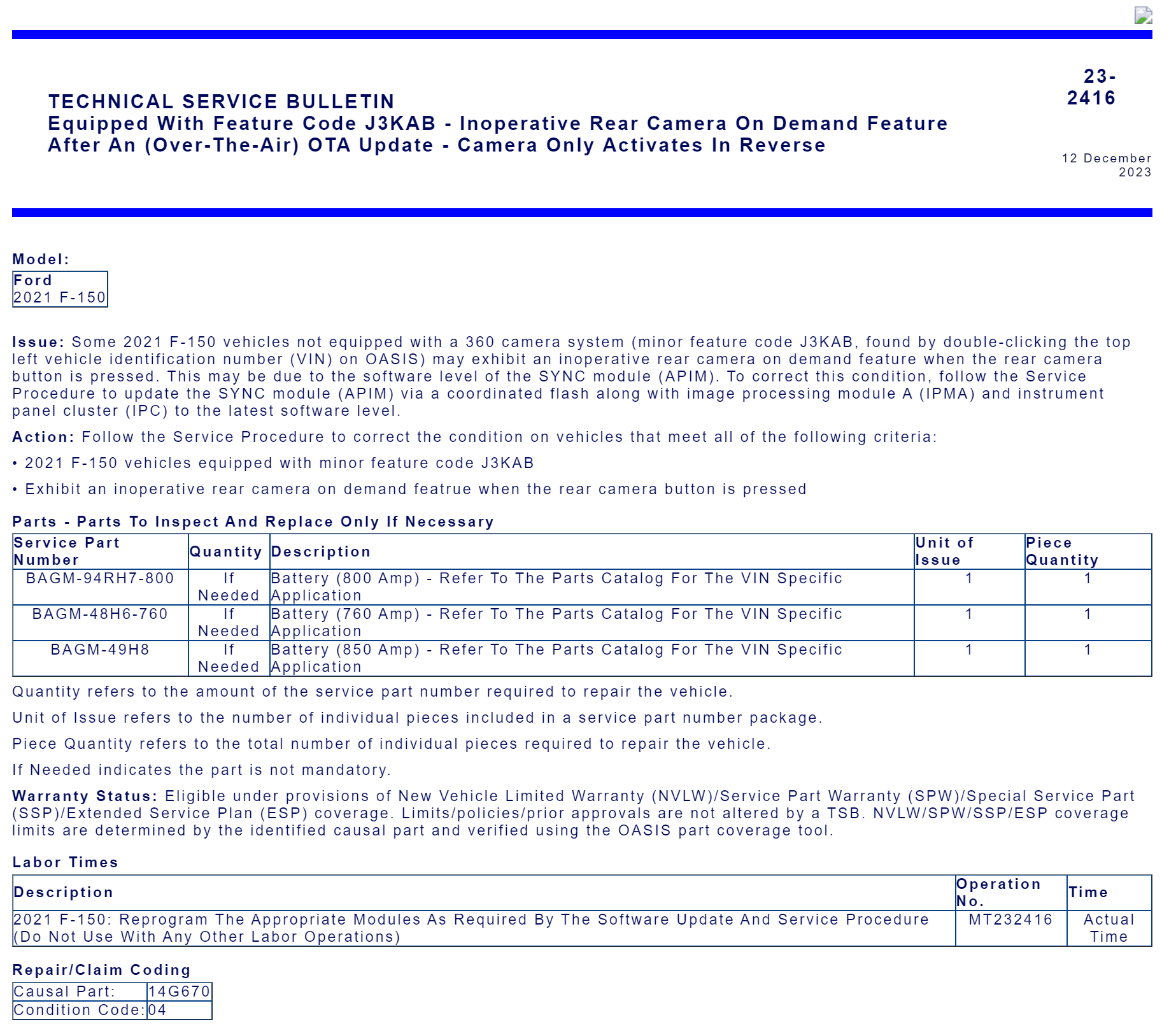 Ford F-150 Rear camera button stopped working 1705082905552