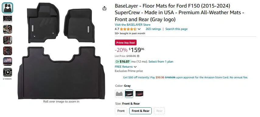 Ford F-150 Prime Day deal 20% off Baselayer Ford F150 floor mat set 1721147072372-