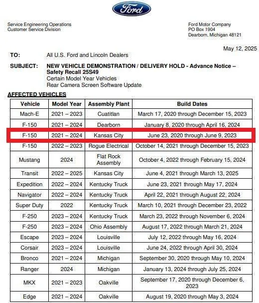 Ford F-150 New 2021-24 F-150 Recall 25S49 / NHTSA 25V315 & Delivery Hold: Rear Camera Display Freezing 1747152142768-p7