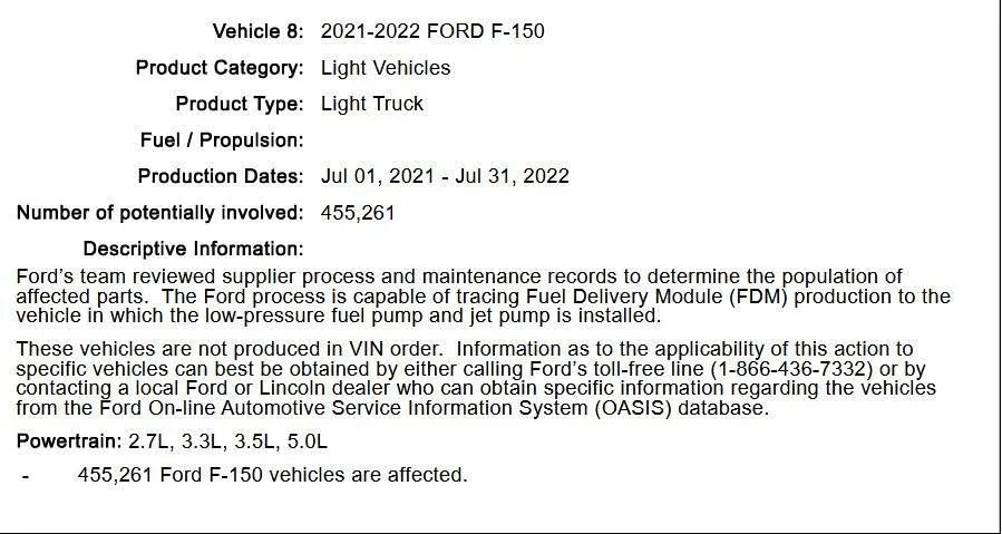 Ford F-150 Low pressure fuel pump failure RECALL 1752149948565-3m