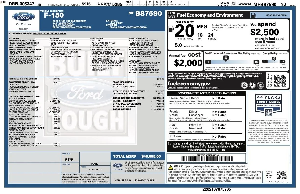 Ford F-150 First Time F-150 Owner 1FTEW1C85MFB87590_windowSticker