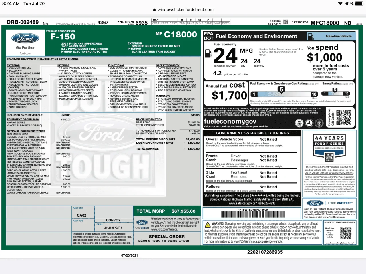 Ford F-150 Job 2 Powerboost 502A Order Update Plus Payload 2021 Powerboost window label