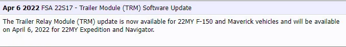 Ford F-150 Recall: REPROGRAM INTEGRATED TRAILER RELAY MODULE (Campaign/NHTSA#
22S17/22v193) 2022-04-06_19-49-48