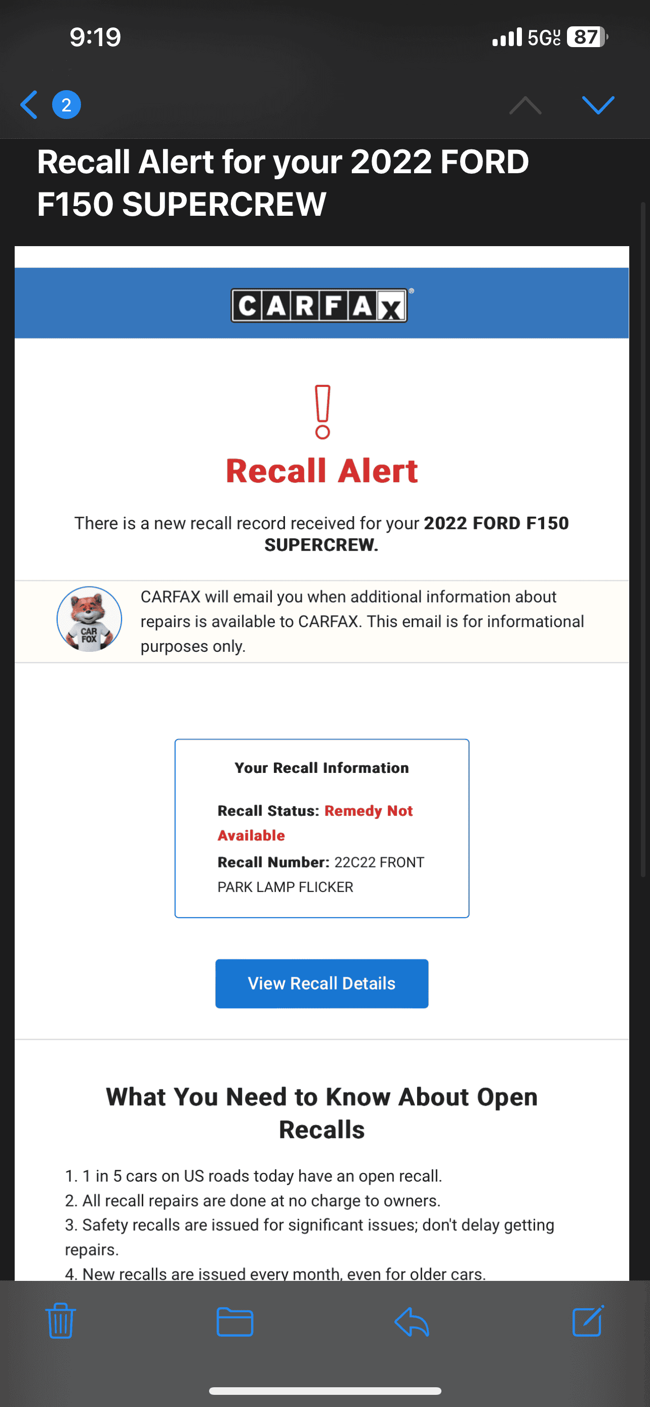 Ford F-150 New recall: Front Park Lamp Flicker (NHTSA # 22V686) 54CC5DD0-26A1-4E4C-A7A9-20C0318D44AA