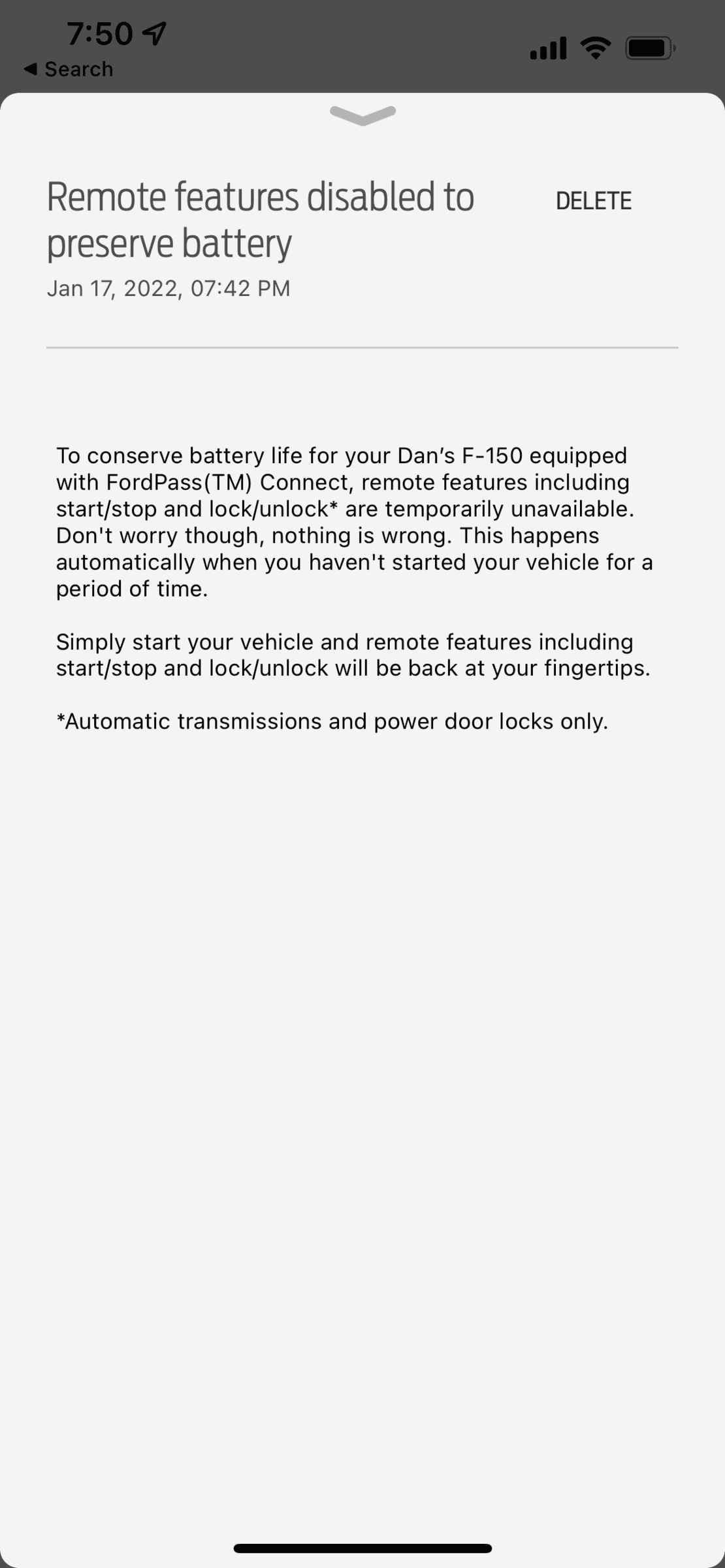 Ford F-150 Remote Features Disabled to preserve Battery 8103EF01-021C-47D2-BCA0-16170AEFD4D3