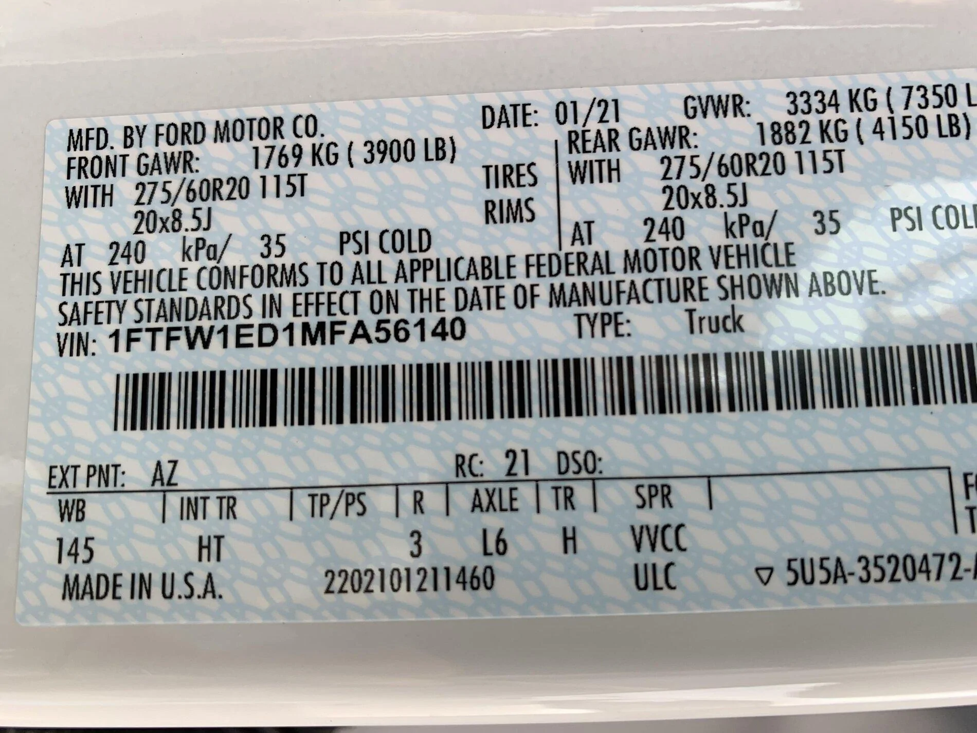 Ford F-150 GAWR (axle) stickers for regular/max tow and EB/PB 823657424