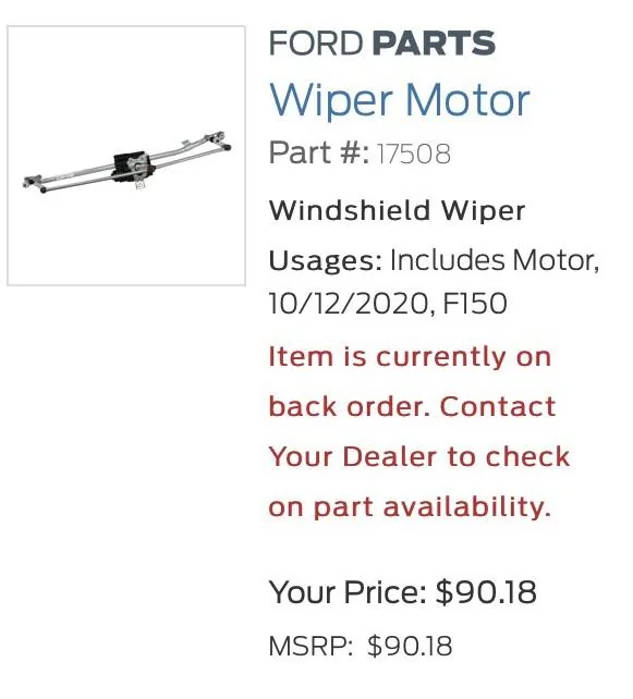 Ford F-150 2022 F150 Lariat Wiper Motor Dead from factory 942B0EC2-BA0A-4047-A158-CA8796BA5C11