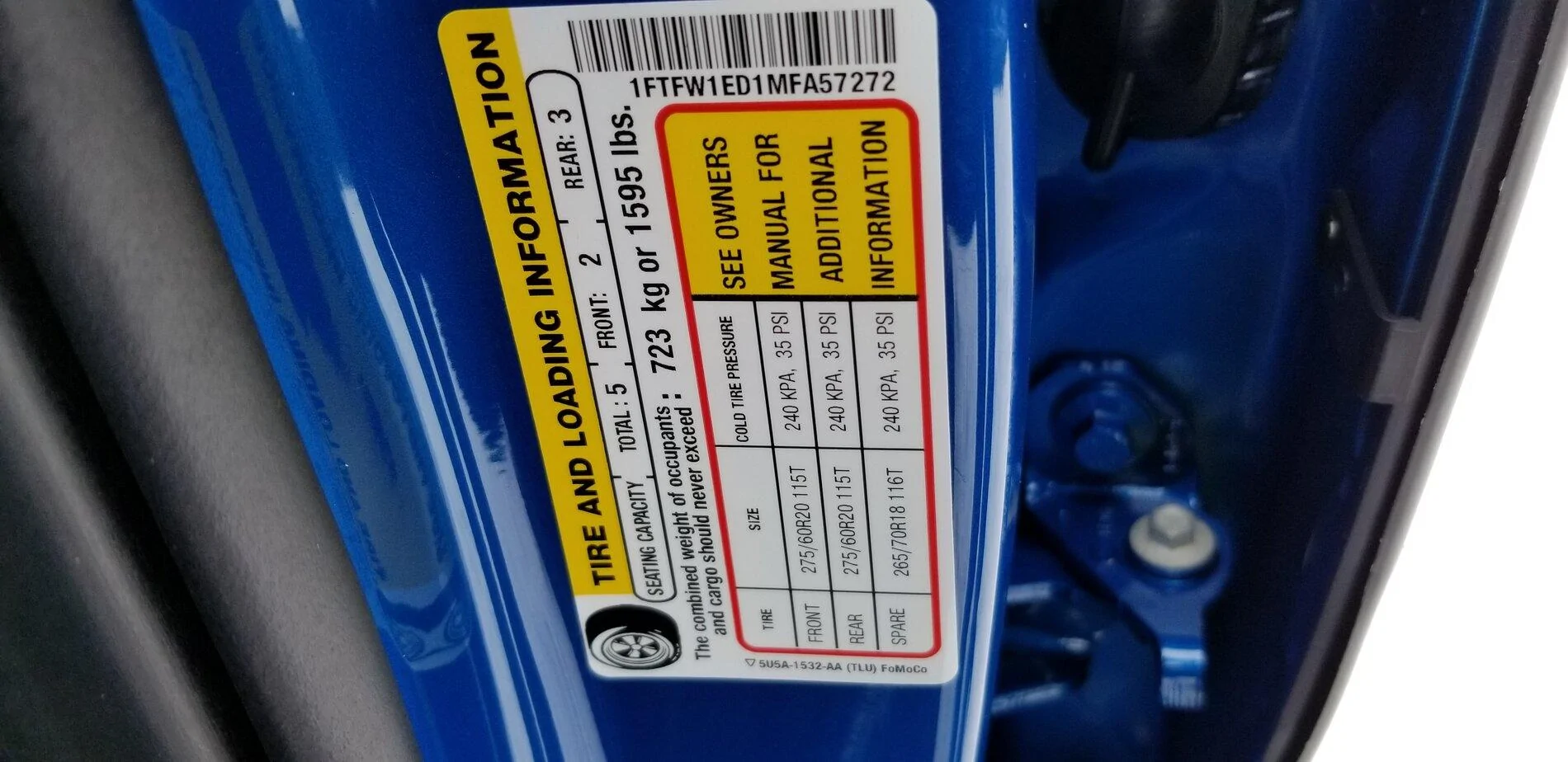 Ford F-150 GAWR (axle) stickers for regular/max tow and EB/PB Blue Devil Yellow Payload Sticker