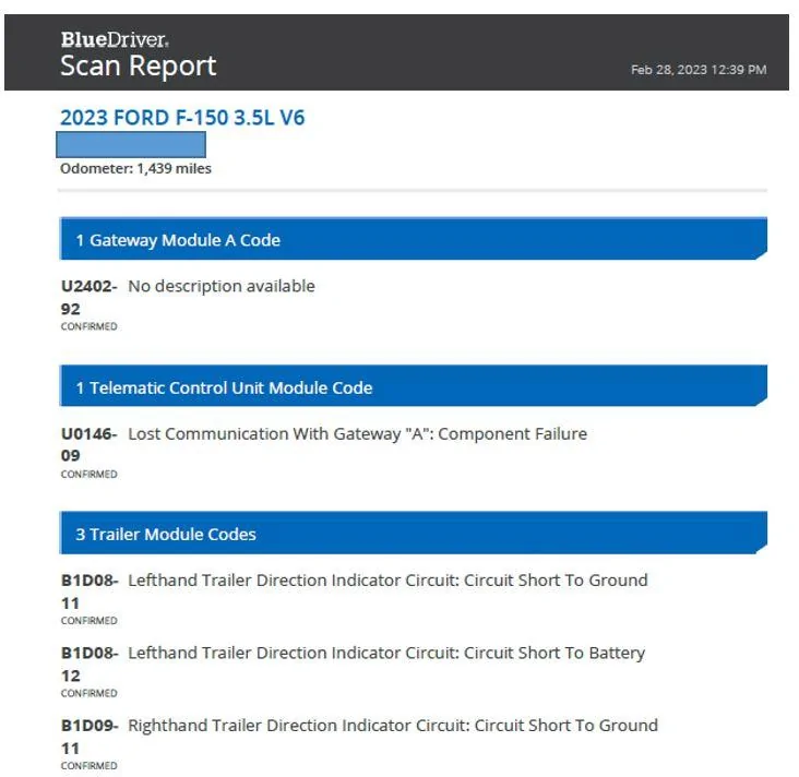 Ford F-150 2023 Powerboost-Trailer Brake System Fault BlueDriver fault codes