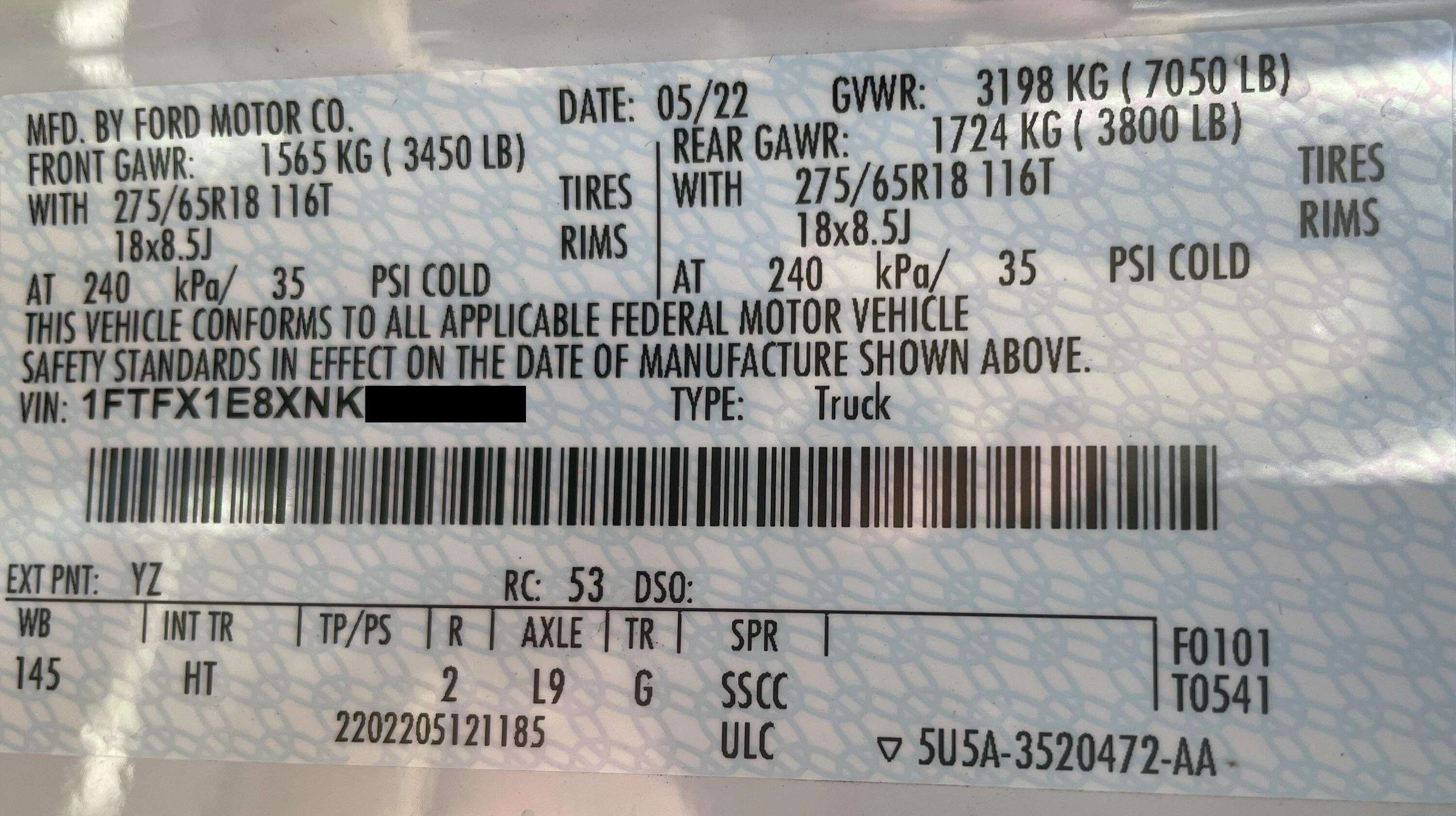 Ford F-150 Axle confusion CERTIFICATION LABEL