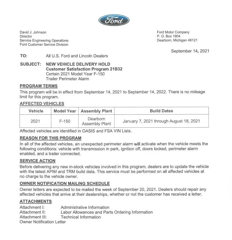 Ford F-150 New Vehicle Delivery Hold for perimeter alarm going off unexpectedly (F-150 produced 1/7/21 - 8/18/21) delivery hold