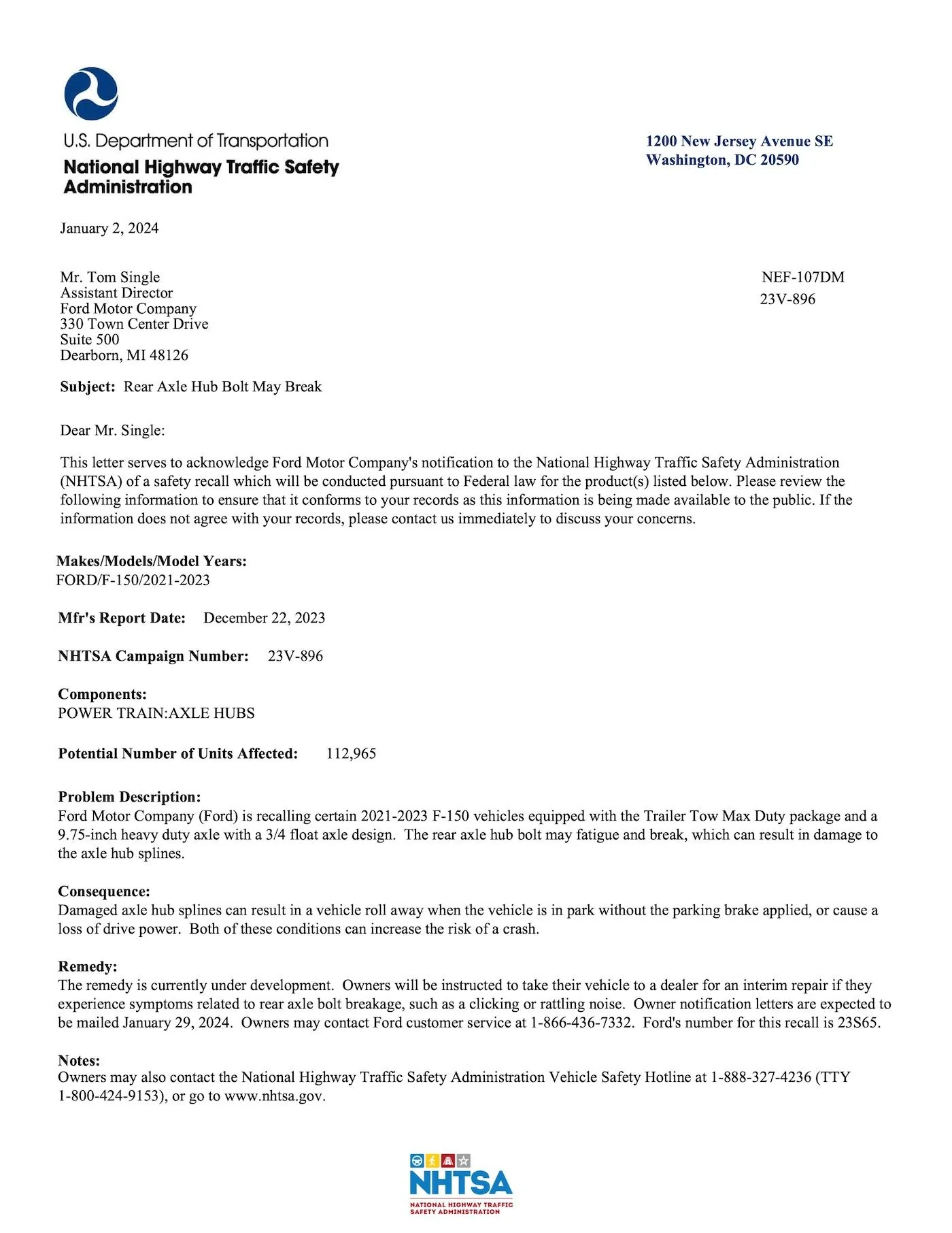 Ford F-150 NHTSA Safety Recall (23V-896) on 113,000 F-150 Trucks with Trailer Tow Max Duty Package F-150 Recall 23V-896-1