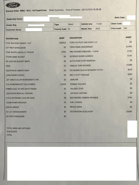 Ford F-150 4/18/22 Build Week F150 Build Sheet