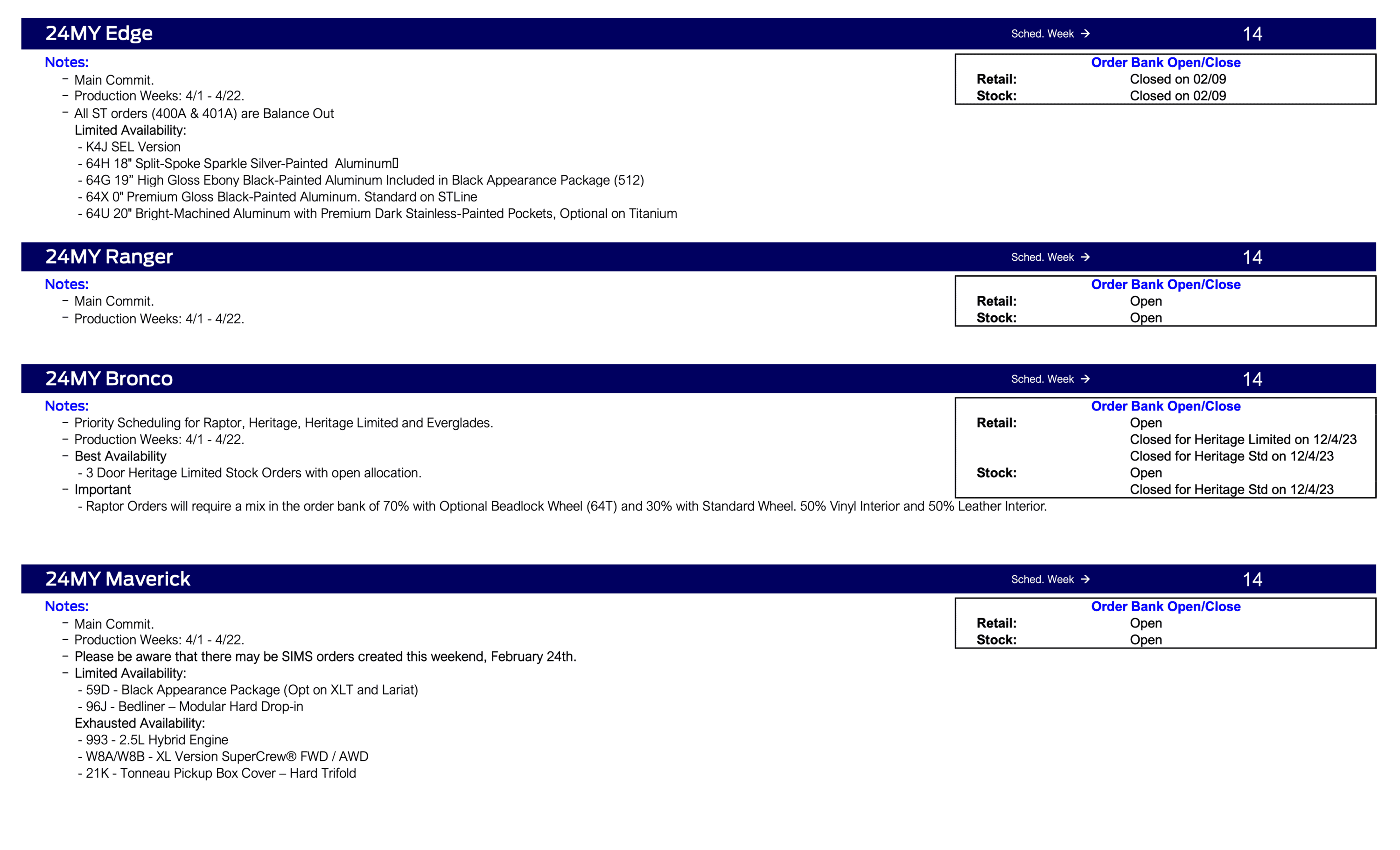 Ford F-150 2024 F-150 No Scheduling This Week (2/22/24) Ford Scheduling Notes - 2.19.24-2