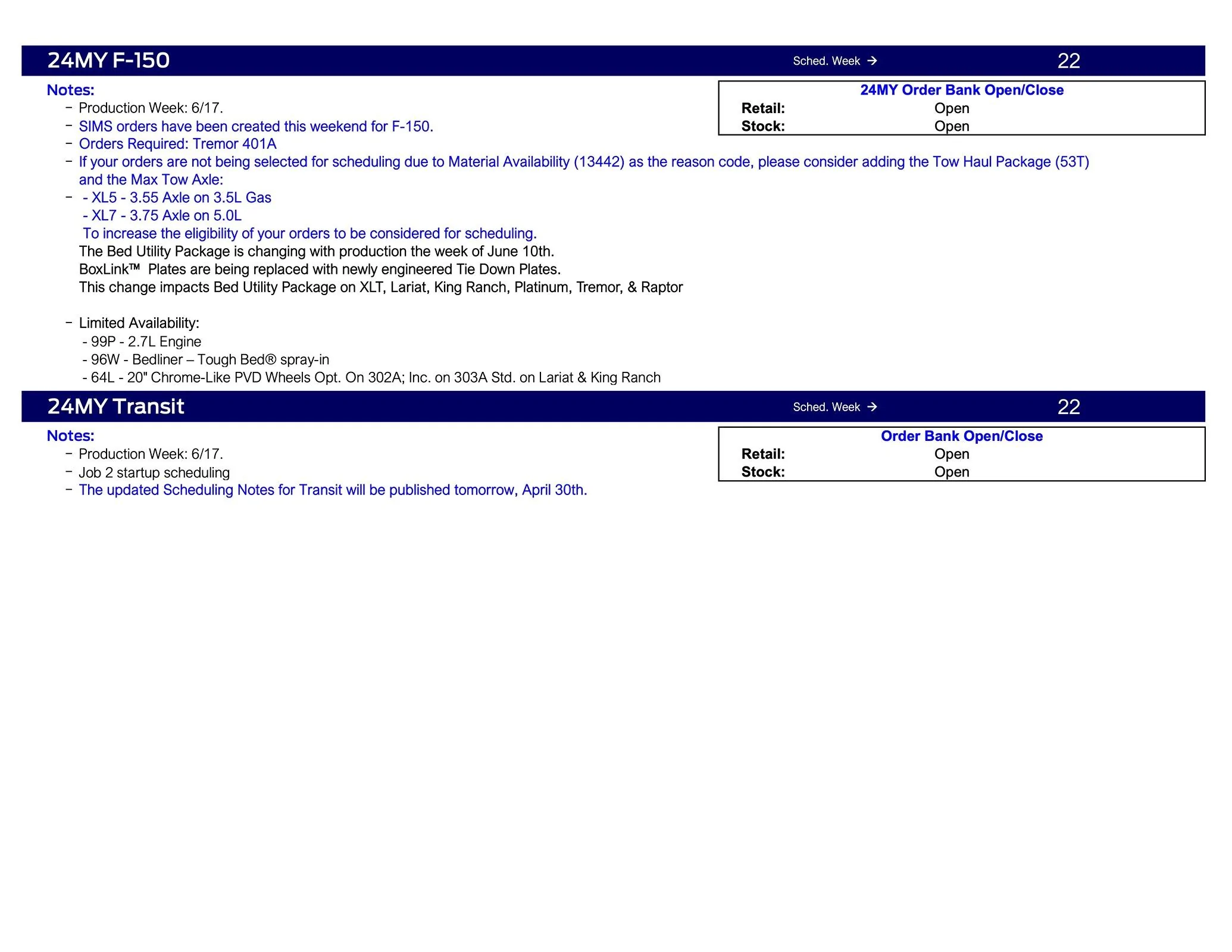 Ford F-150 2024 F-150 Scheduling This Week (5/2/24) for Production Week 6/17 Ford Scheduling Notes - 4.29.24-4