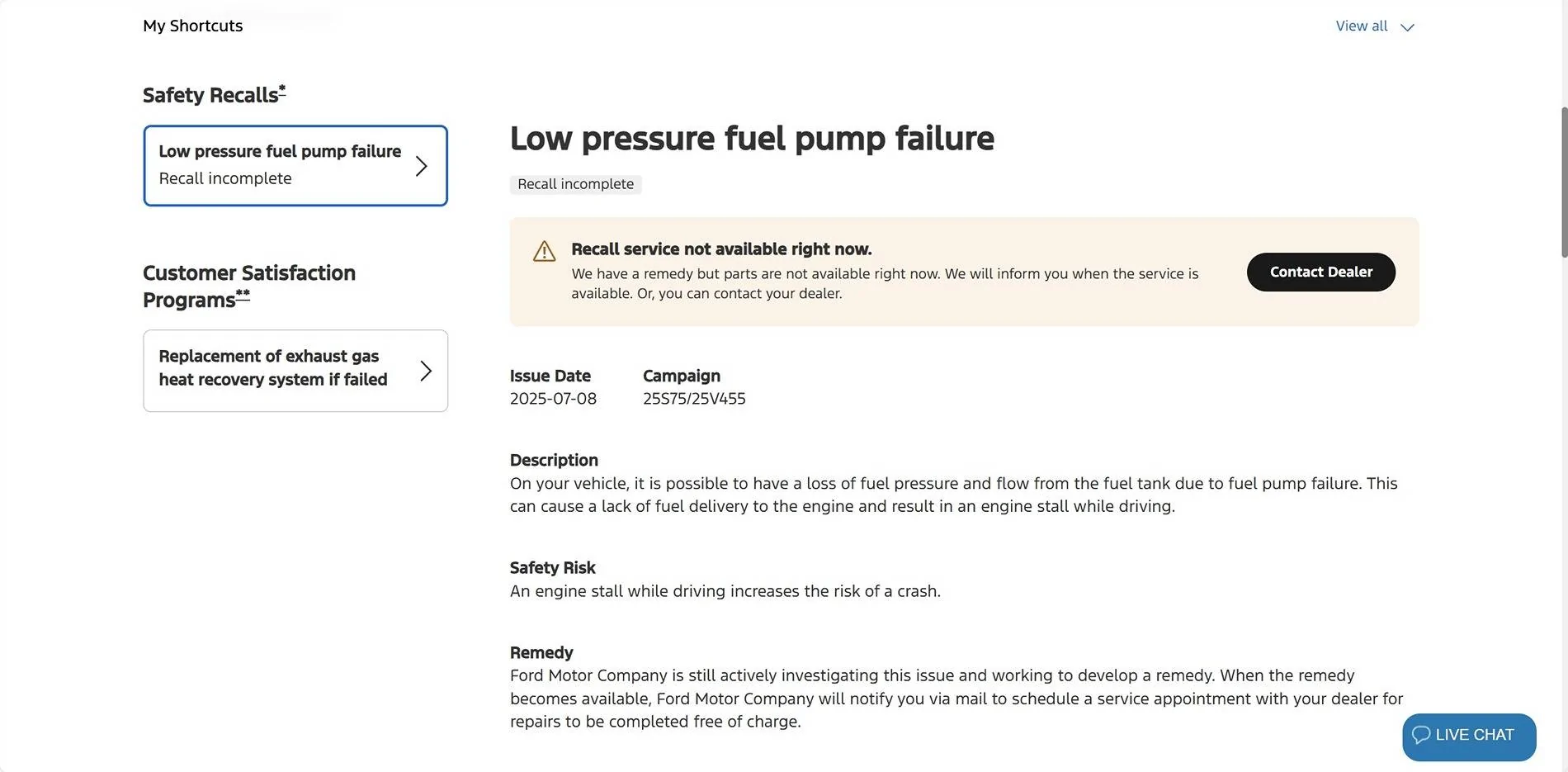 Ford F-150 Low pressure fuel pump failure RECALL Fuel Pum