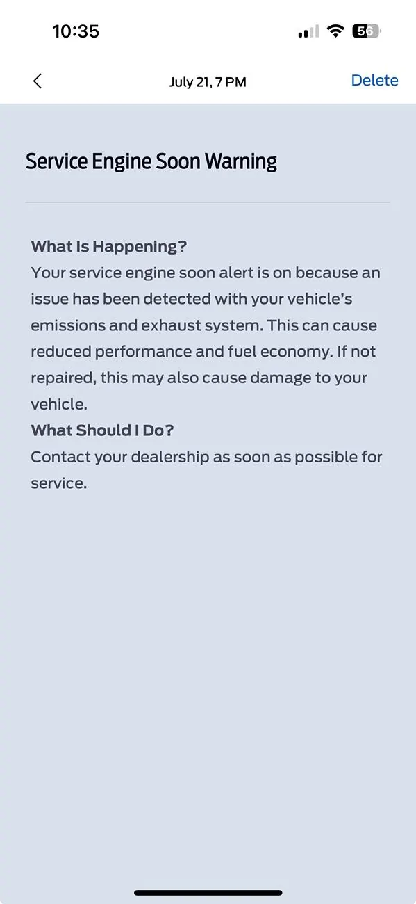 Ford F-150 Service engine soon warning in FordPass image (1)