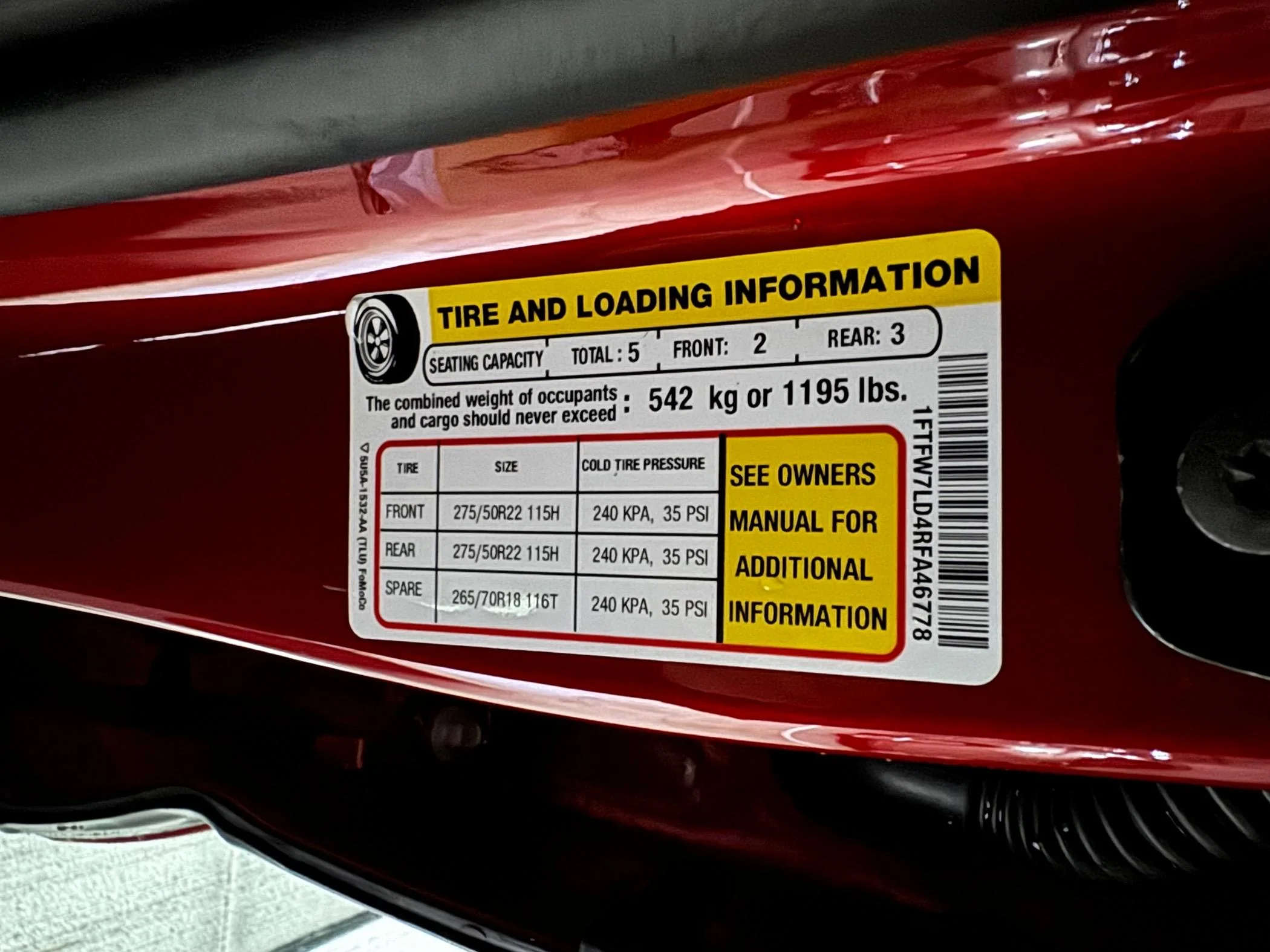 Ford F-150 2024 F-150 Platinum Plus payload sticker - 1195 lbs IMG_1912