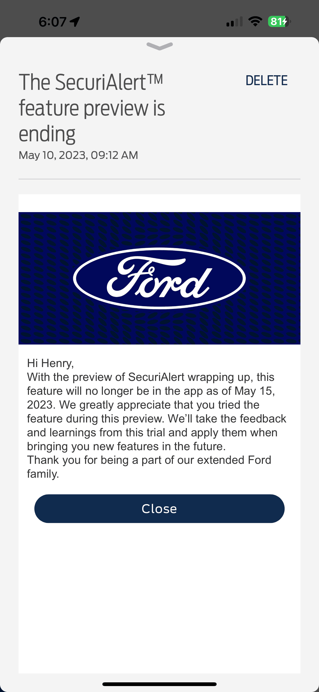 Ford F-150 email from ford pass about secure alert IMG_2936