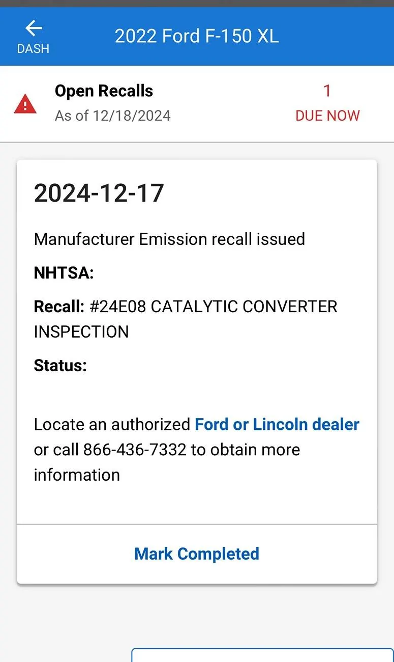 Ford F-150 Recall 24E08 for catalytic converter inspection IMG_4815