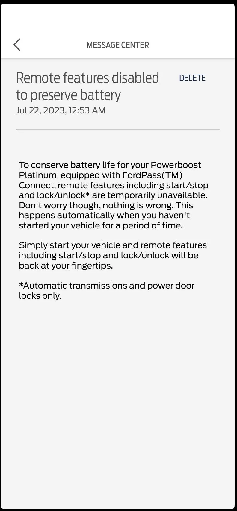Ford F-150 FordPass message: Remote features disabled to preserve battery IMG_4827