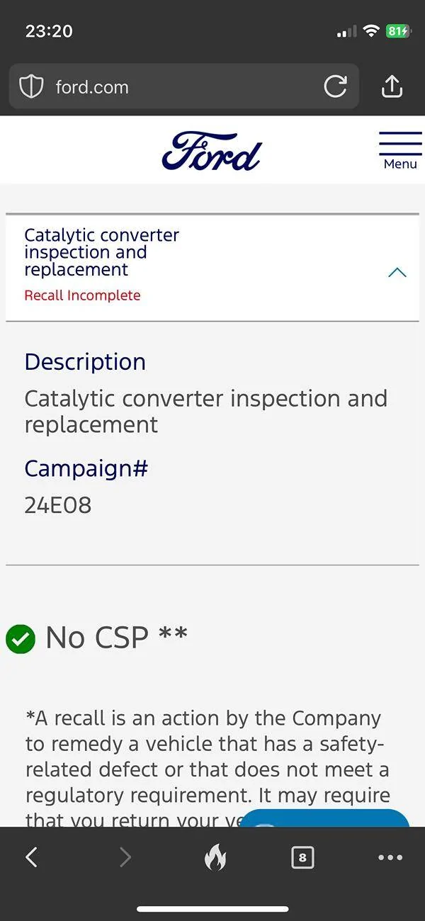 Ford F-150 Recall 24E08 for catalytic converter inspection IMG_4852