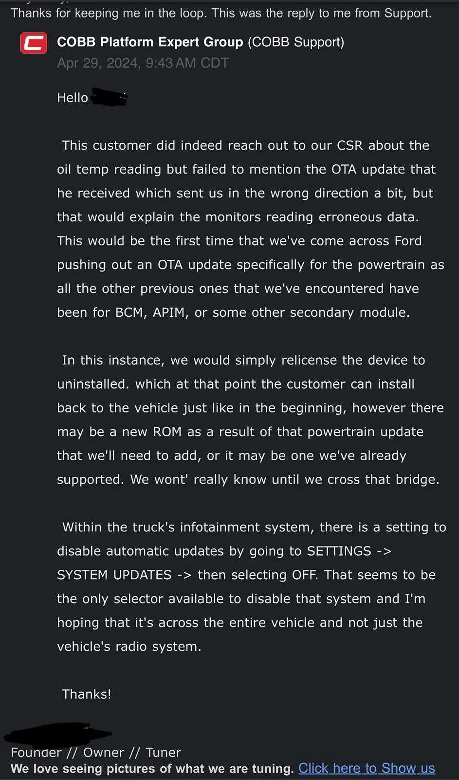 Ford F-150 OTA issues with Cobb tuner IMG_7326
