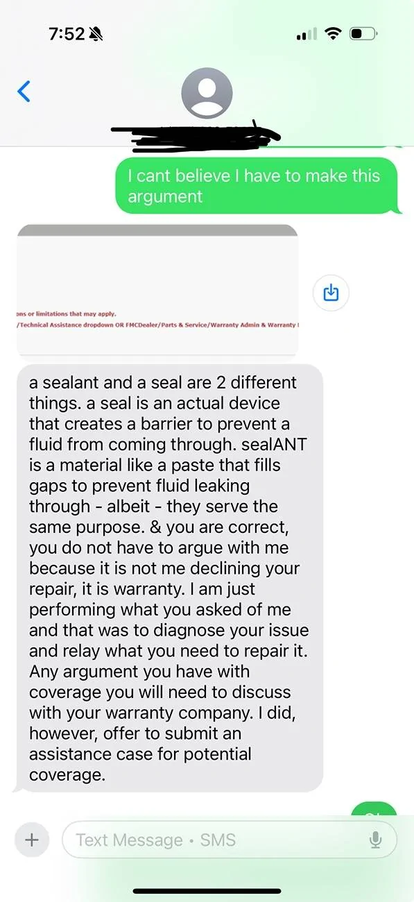 Ford F-150 Sealant not considered a “seal” by powertrain extended warranty. IMG_9380