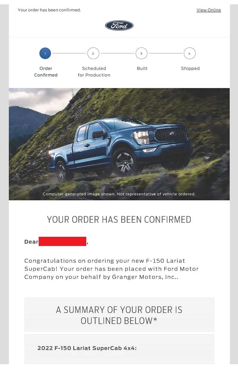 Ford F-150 Respect ORDER CONFIRMATION EMAIL