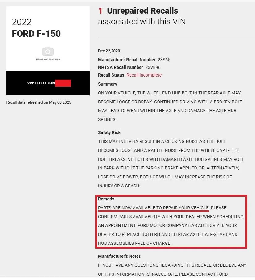 Ford F-150 2021 F150 Axel Bolt Recall 23V896 PARTS NOW AVAILABLE 23S65 - 23V896