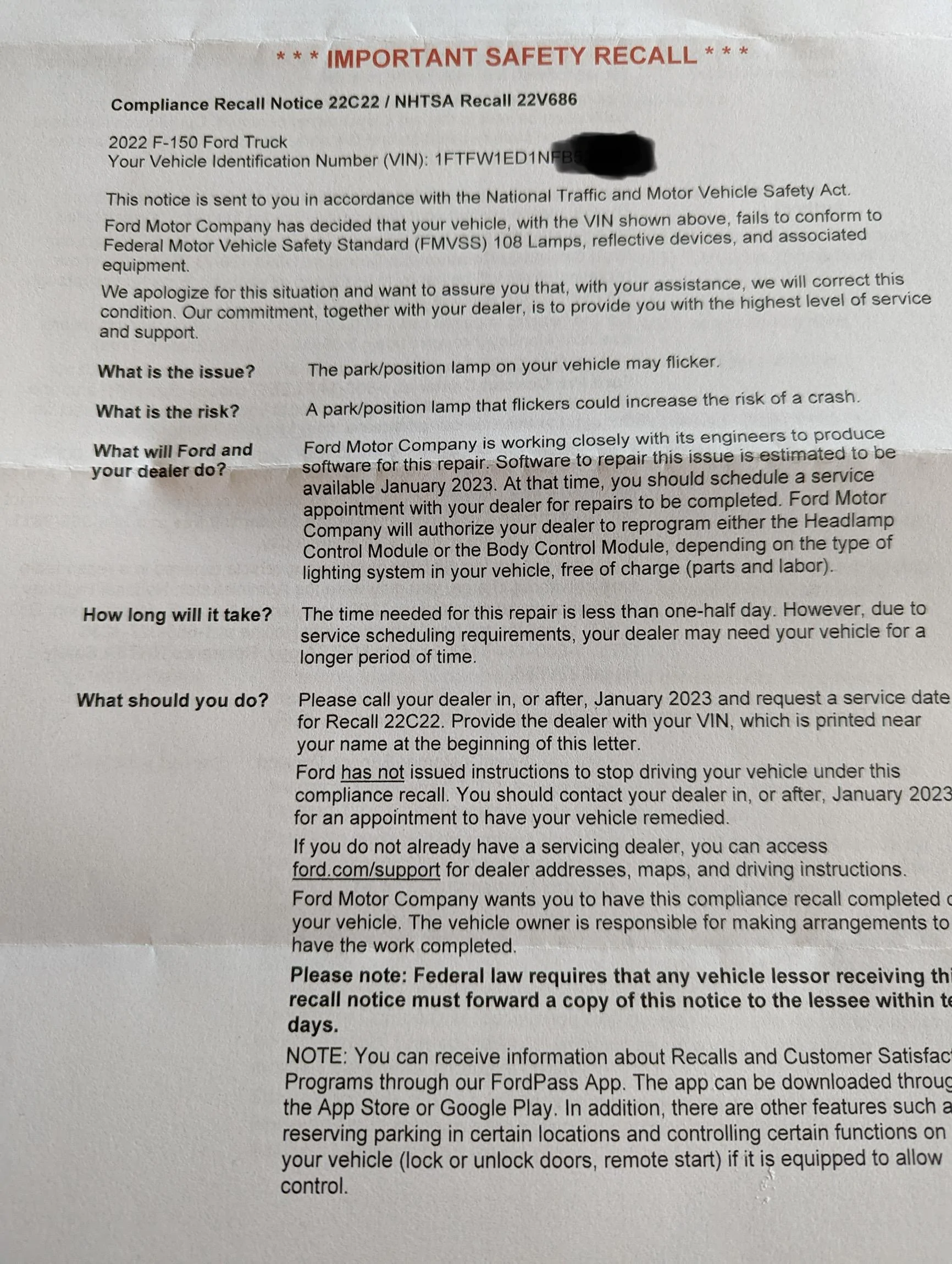 Ford F-150 Anyone else receive a recall notice for flickering Parking/Position lamp? PXL_20221107_233213781
