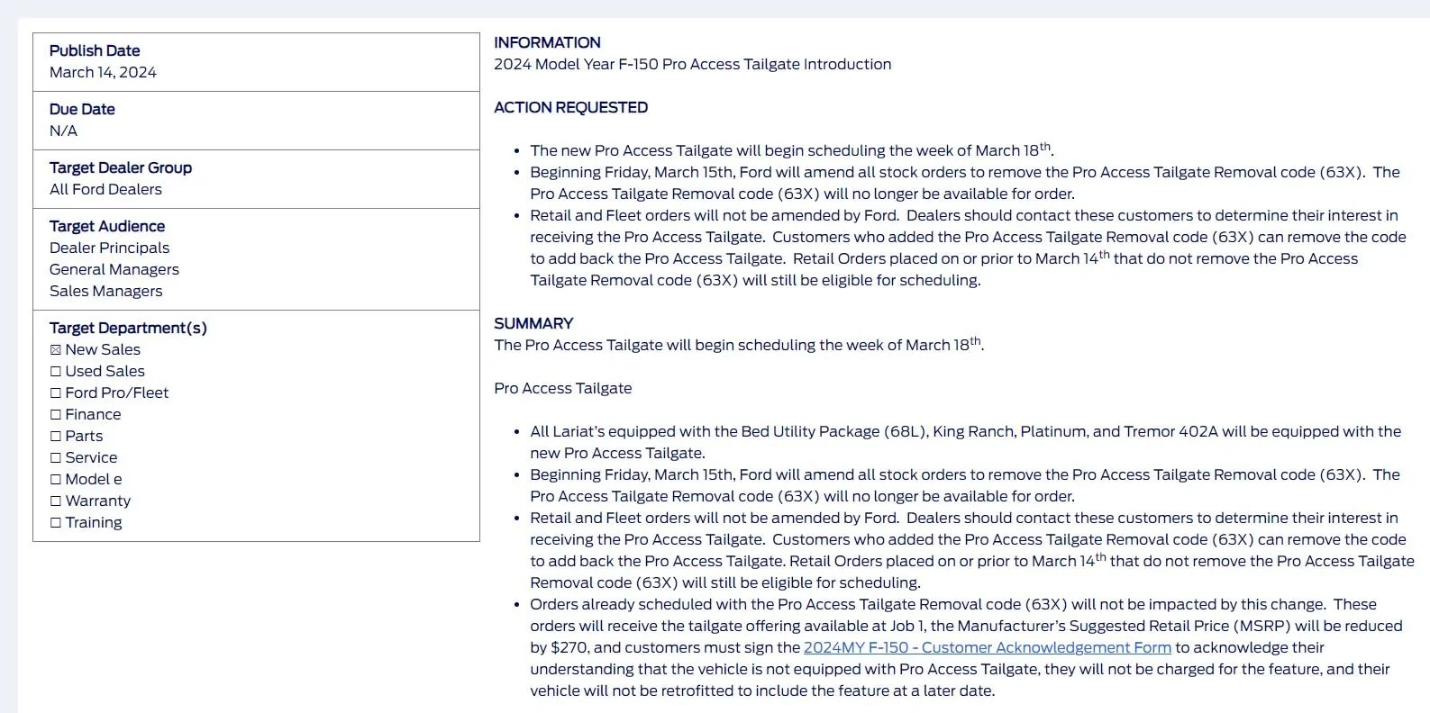 Ford F-150 Surprise? Job 1 Order Shows Pro Access Tailgate on Order Status Tracker Screenshot 2024-03-14 164752