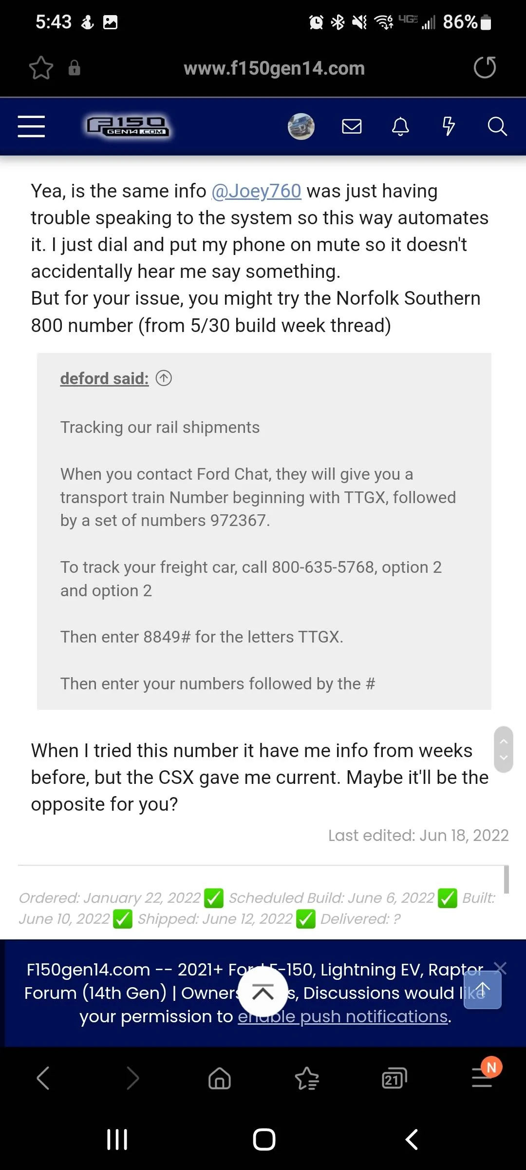 Ford F-150 Tracking Norfolk Southern Screenshot_20220629-174337_Samsung Internet