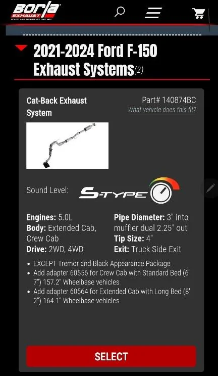 Ford F-150 2021-2024 Ford F-150 Cat-Back Exhaust System S-Type Part # 140874BC Screenshot_20240713_093709