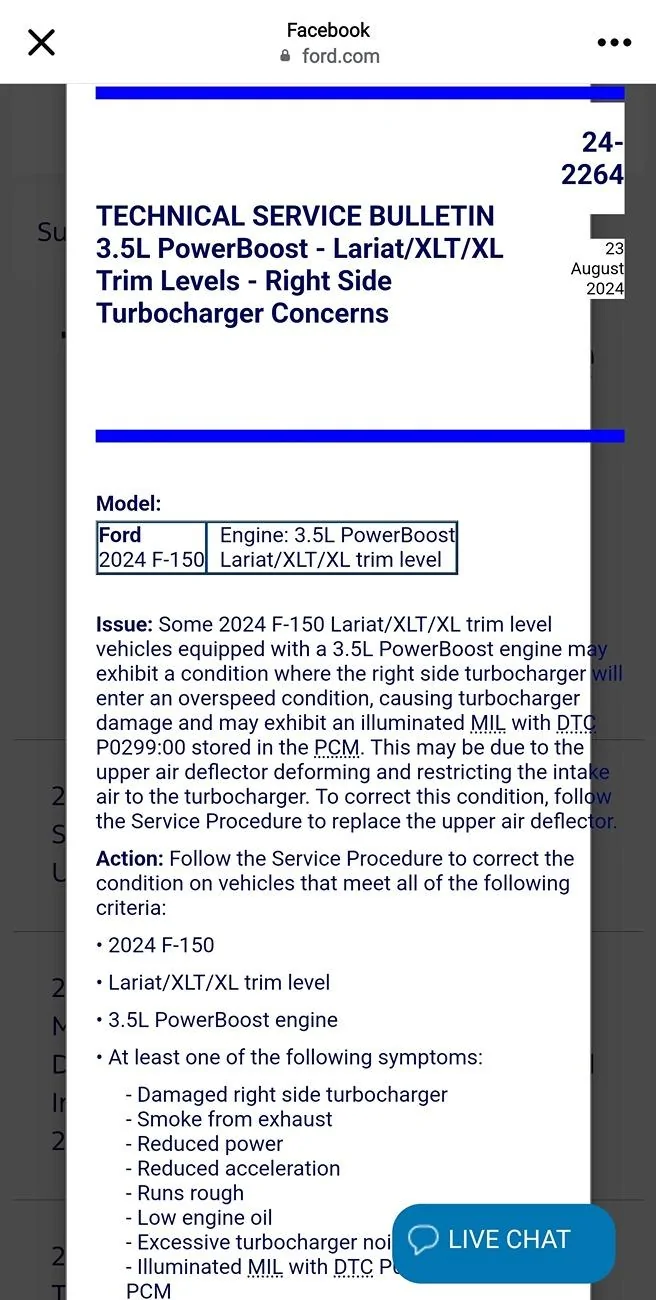 Ford F-150 TSB for right side turbocharger on 3.5L PowerBoost - Lariat/XLT/XL Screenshot_20240905_183238_Facebook