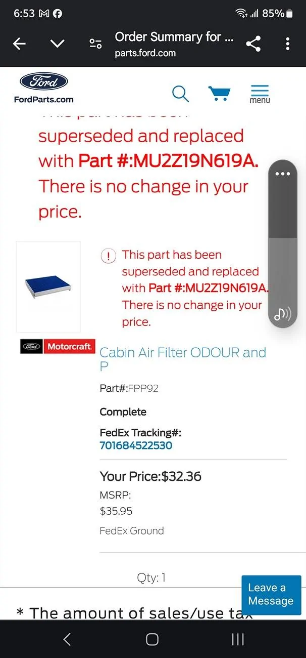 Ford F-150 Cabin Air Filter - Motorcraft FPP92 Screenshot_20241022_185352_Chrom