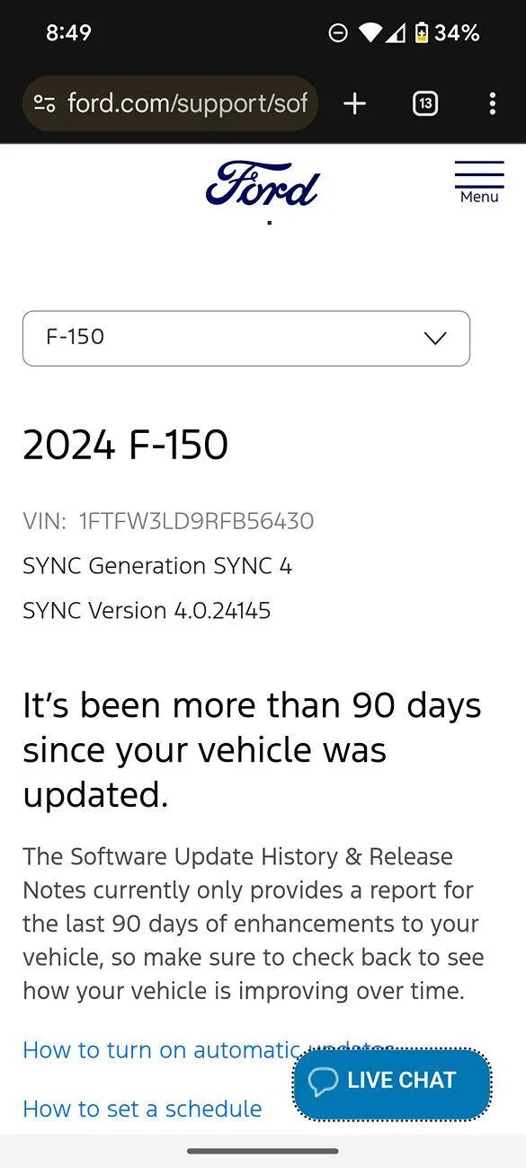 Ford F-150 Vehicle Software Update History Now Available in Your Ford Account Screenshot_20241217-204922