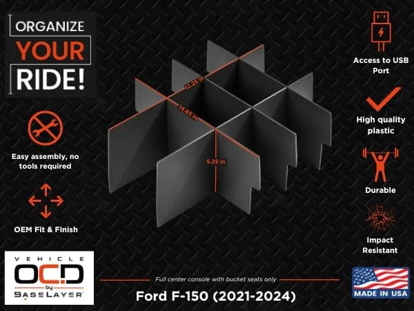 Ford F-150 15% off forum discount on Baselayer premium all-weather floor mats + Vehicle OCD center console organizers -- Made in USA! SLX169 infographic