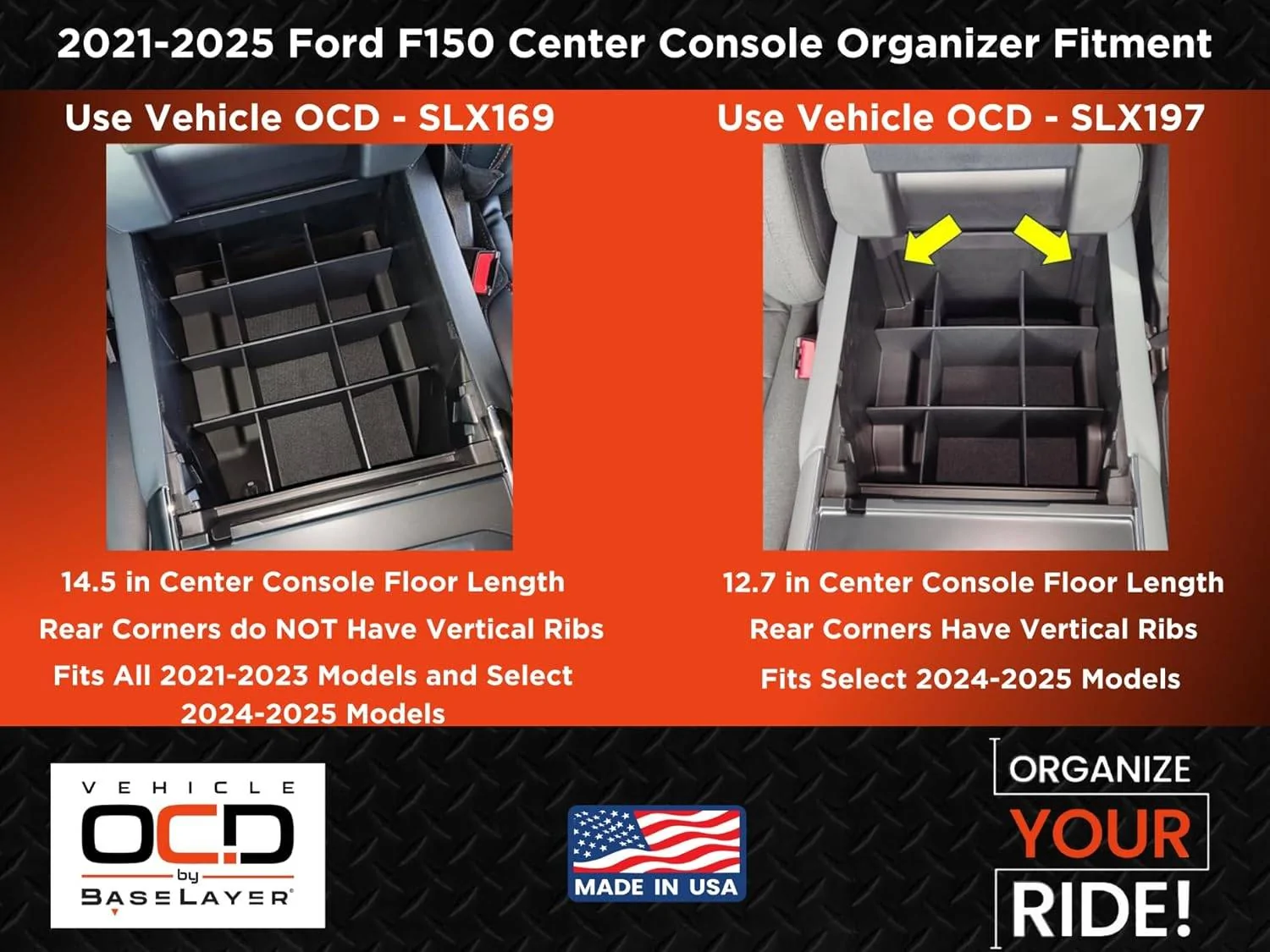 Ford F-150 Vehicle OCD brand center console organizer - promo code SLX169 to SLX197 comparison