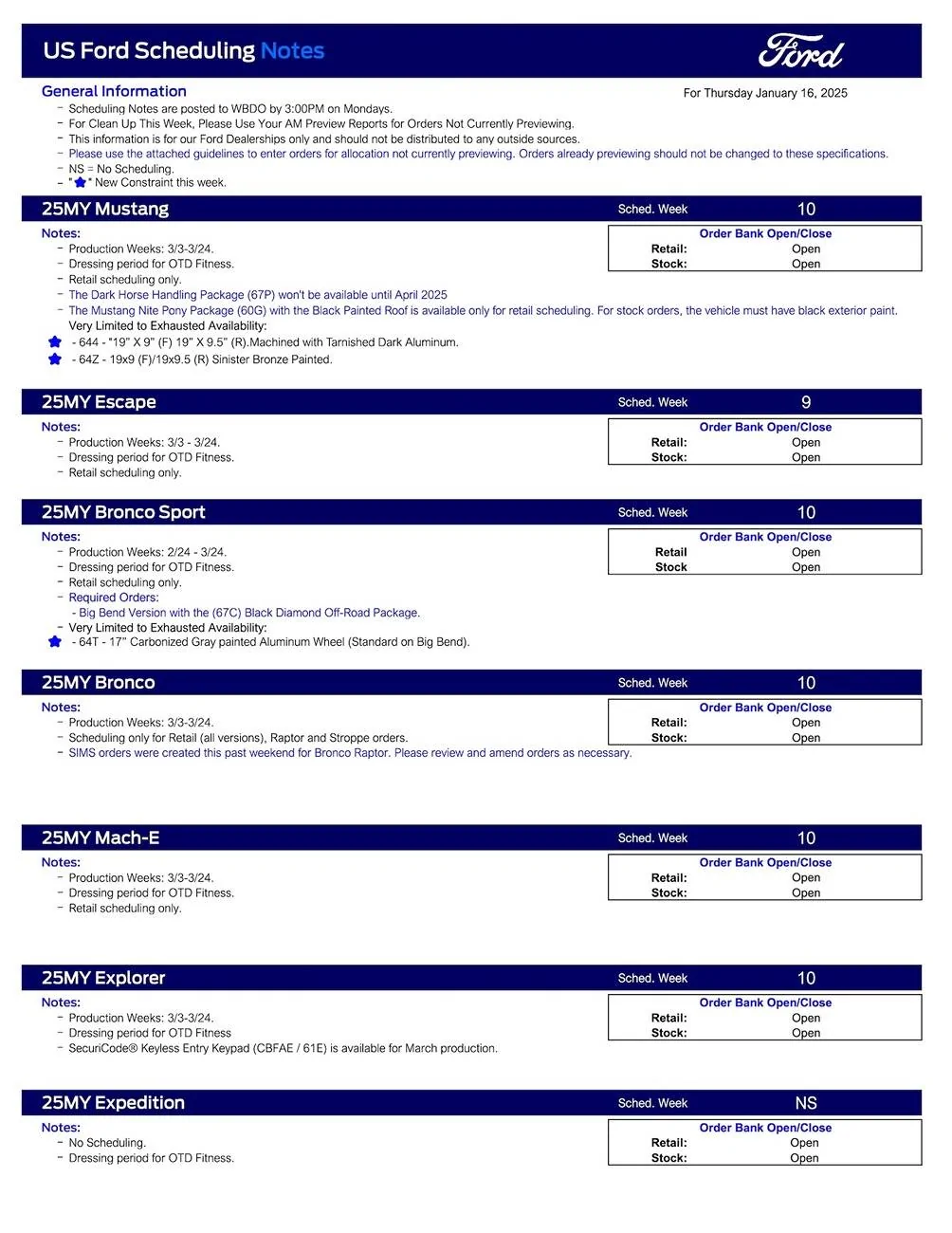 Ford F-150 2025 F-150 Scheduling This Week (1/16/25) for Production Weeks 2/24 - 3/10/25 US Ford Scheduling Notes - 1.13.25-1