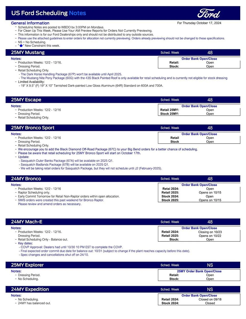 Ford F-150 2025 F-150 Scheduling This Week (10/17/24) for Production Week 12/2 US Ford Scheduling Notes - 10.14.24-1