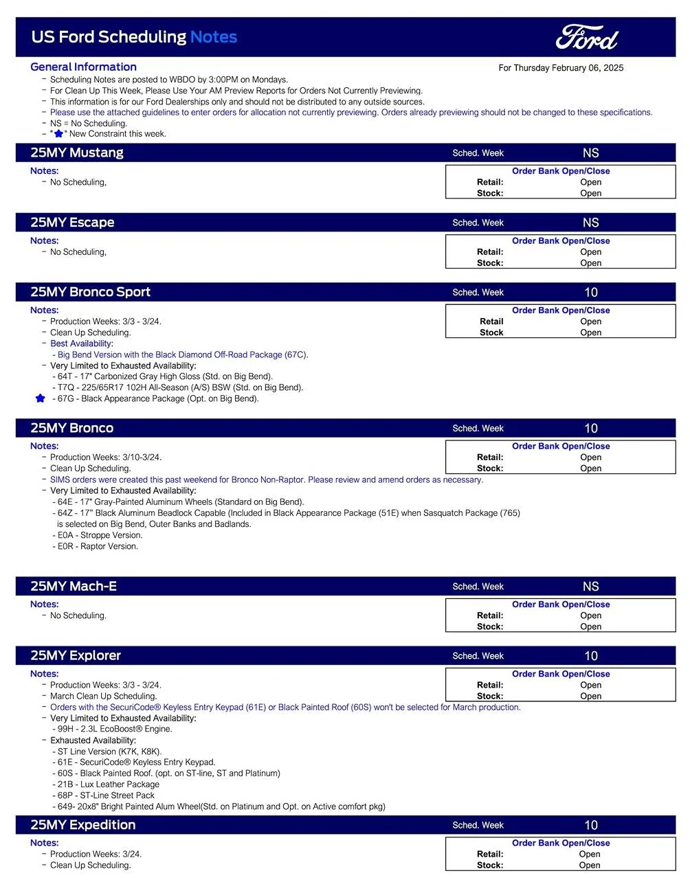 Ford F-150 2025 F-150 Scheduling This Week (2/6/25) for Production Weeks 3/10 - 3/24 US Ford Scheduling Notes - 2.3.25-1