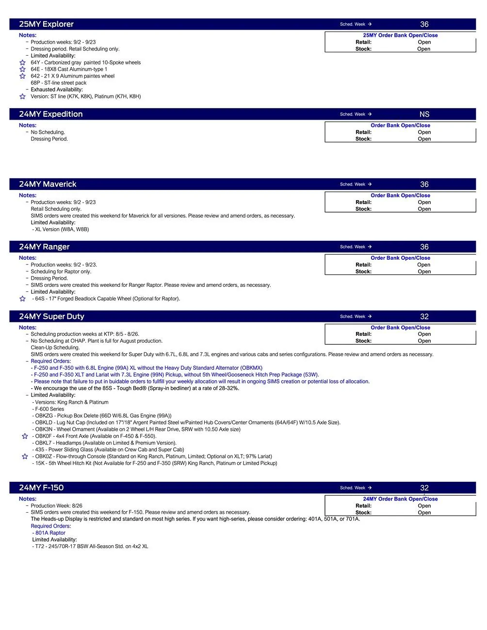 Ford F-150 2024 F-150 Scheduling This Week (7/18/24) for Production Week 8/26 US Ford Scheduling Notes - 7.15.24-2