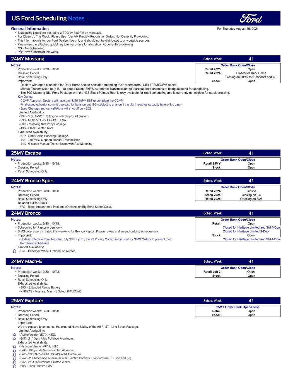 Ford F-150 2024 F-150 Scheduling This Week (8/15/24) for Production Week 9/30 US Ford Scheduling Notes - 8.12.24-1