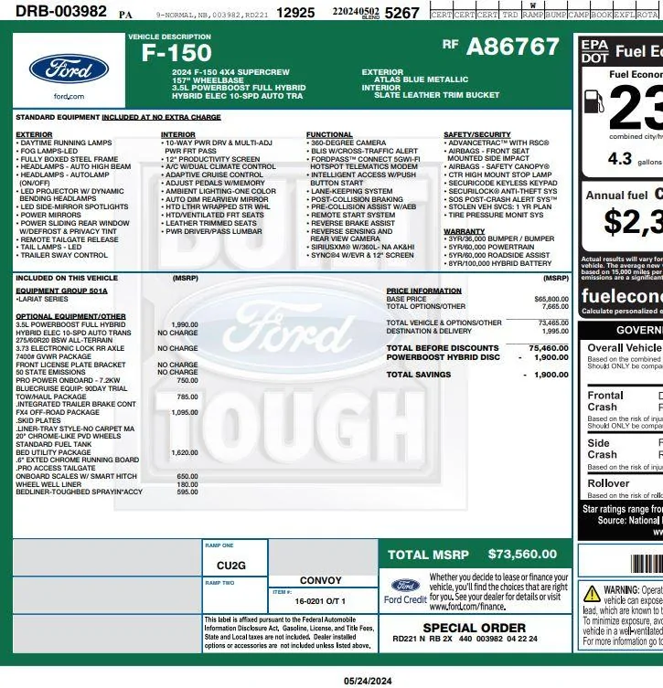 Ford F-150 Build week 4/29 -5/6 window sticker