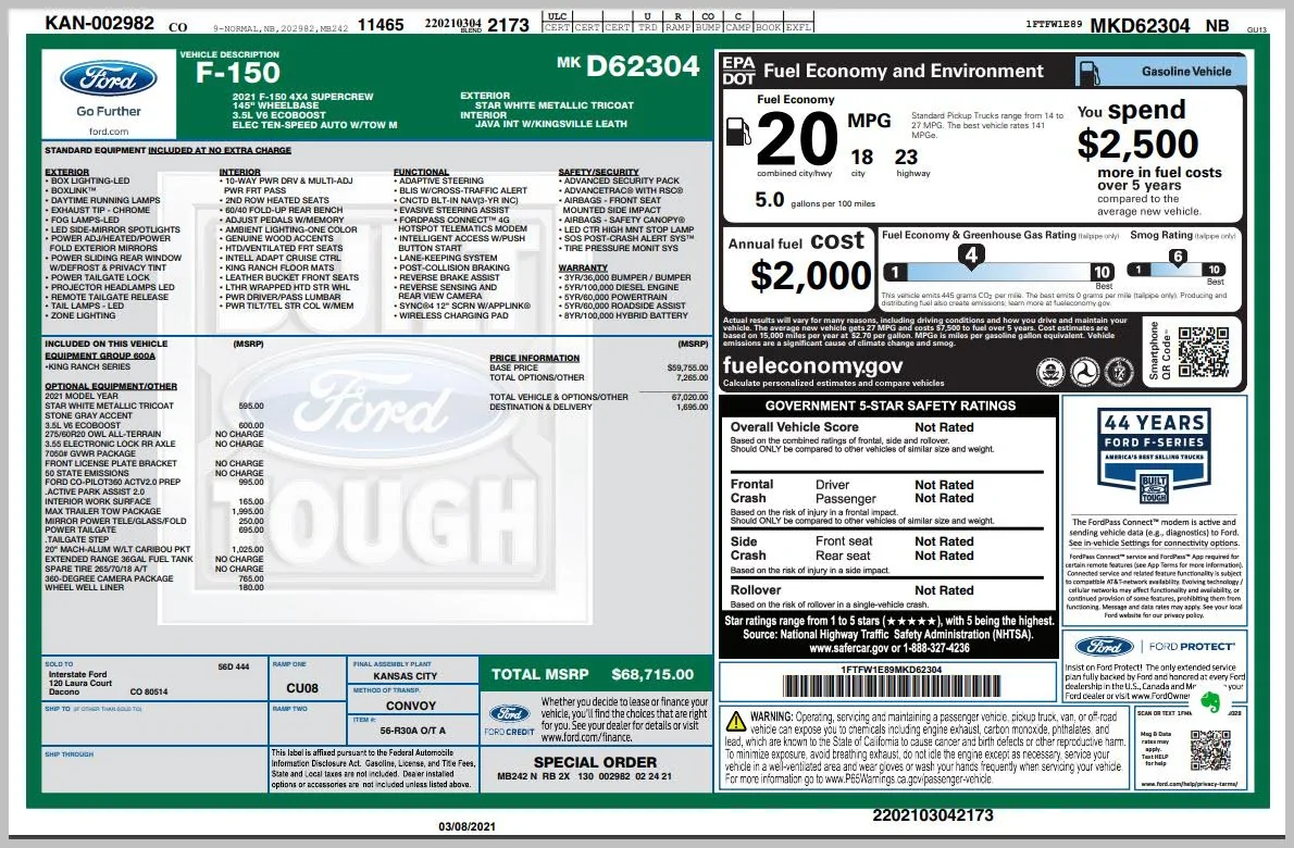 Ford F-150 2021 F-150 Payload Stickers Window Sticker