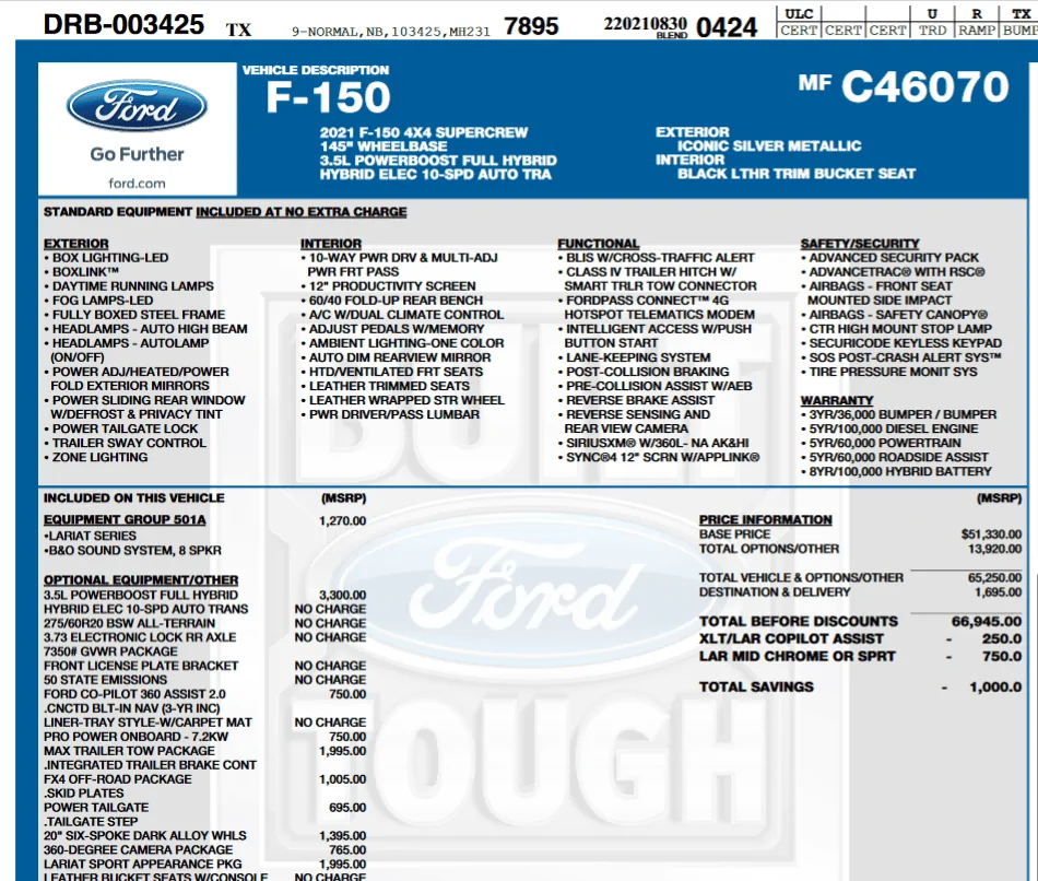 Ford F-150 8/2 Build Week Window Sticker